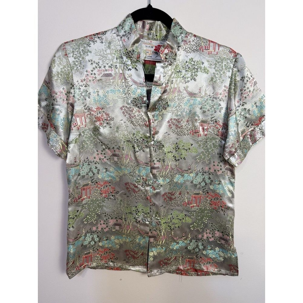 Peony Asian Silk 34 Blouse Multicolor Short Sleeve Frog Buttons Vintage‎